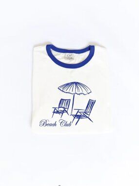 NWOT Beach Club Ringer Graphic Top in Blue